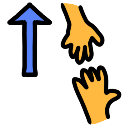 Two yellow hands, one reaching out to the other for support, and the other reaching to give assistance.  To the left is a blue upwards arrow.